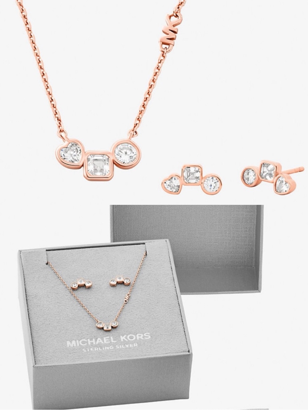 NWT💗Michael Kors Cubic Zirconia Necklace and Stud Earrings Gift Set Rose Gold